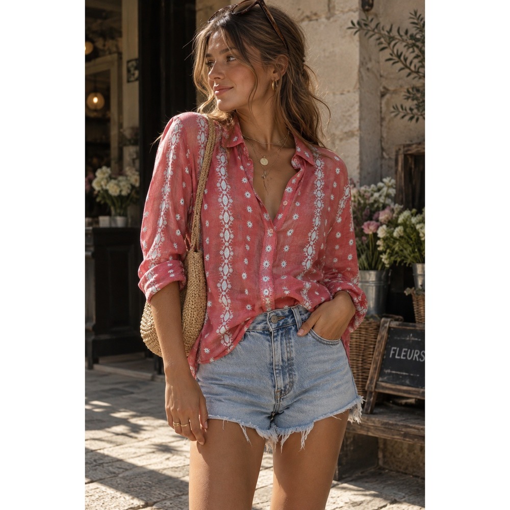 Dylan Shirt Womens Small Pink Button Up Boho Embroidered Peasant Western